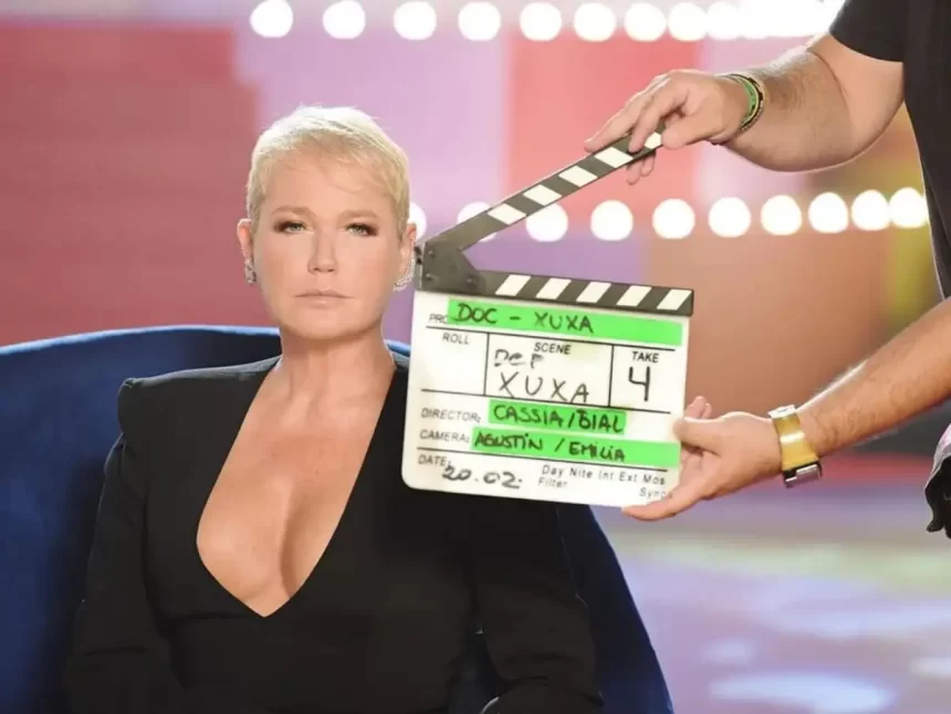 Xuxa de blaser preto, decotado, sentada durante gravação de documentário