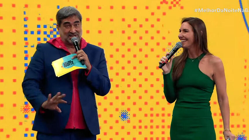 Zeca Camargo e Glenda Kozlowski em trecho da estreia do Melhor da Noite