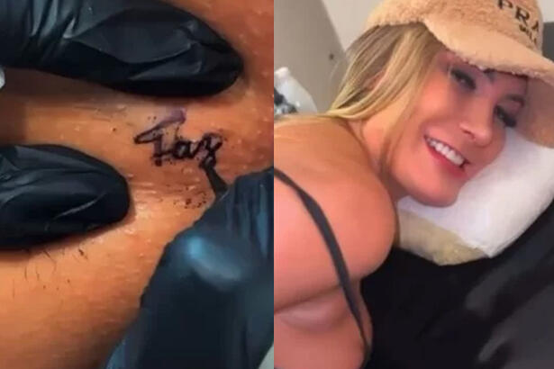 Imagem 1: Anus de Andressa Urach; Imagem 2: Andressa Urach de chapéu, sorrindo, deitada numa maca fazendo tatuagem