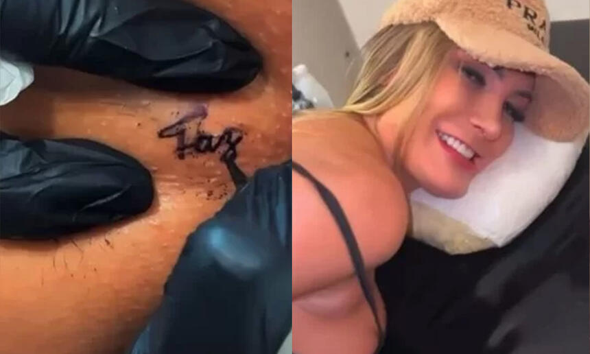 Imagem 1: Anus de Andressa Urach; Imagem 2: Andressa Urach de chapéu, sorrindo, deitada numa maca fazendo tatuagem