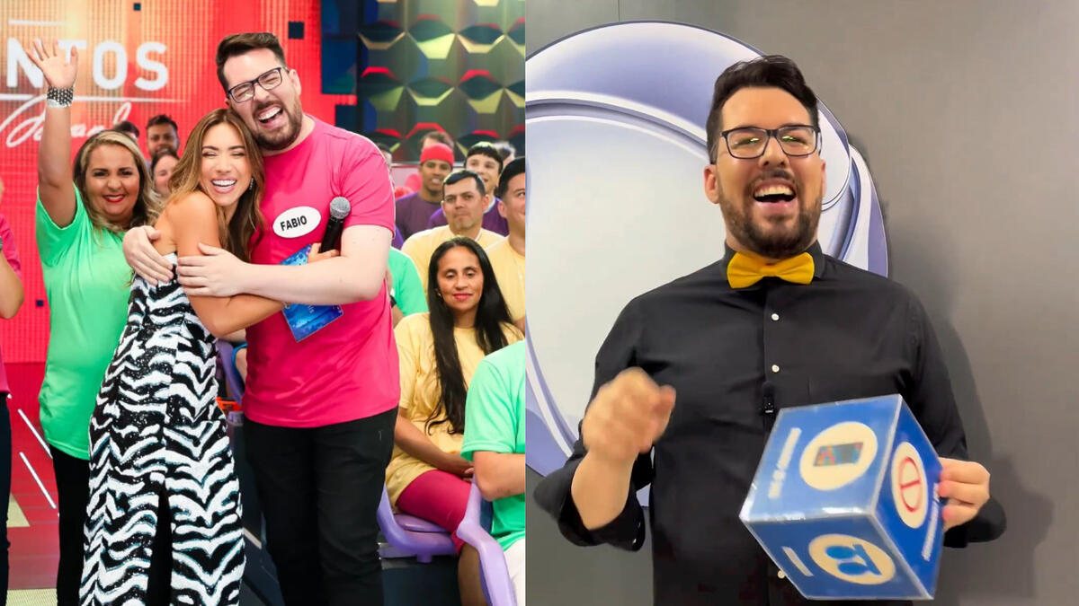 Montagem com duas fotos. Na primeira, o apresentador Fábio do Bú abraça Patricia Abravanel no SBT. Na segunda imagem ele aparece no cenário da Record da Paraíba