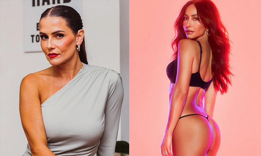 Deborah Secco de vestido cinza, sentada em um banco durante ensaio para revista; Sabrina Sato de lingerie durante ensaio fotográfico