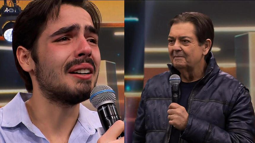 João Guilherme de camisa roxo bebê, segurando o microfone, chorando, durante apresentação do Faustão na Band