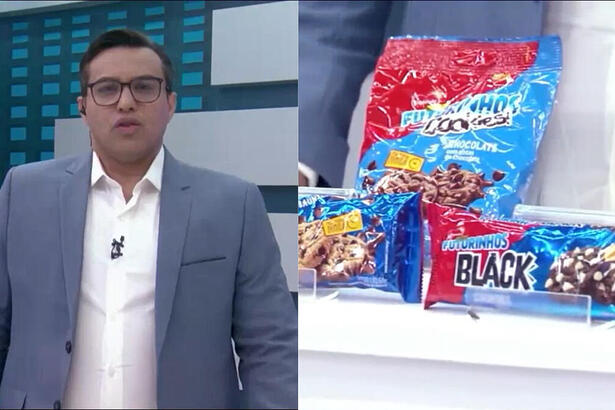 Montagem de Fabio Araujo apresentando Merchan e a mosca voando por cima dos biscoitos no cenário da afiliada do SBT, a TV Jornal