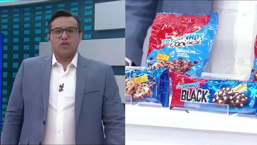 Montagem de Fabio Araujo apresentando Merchan e a mosca voando por cima dos biscoitos no cenário da afiliada do SBT, a TV Jornal