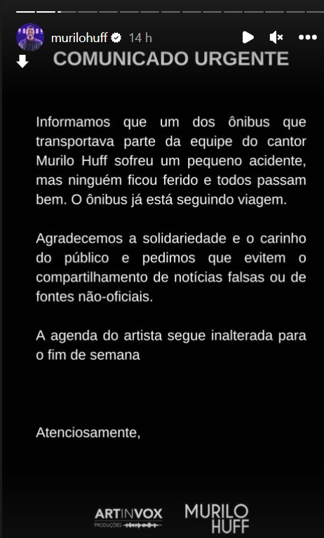 Print da nota da equipe de Murilo Huff, publicada nos stories do Instagram