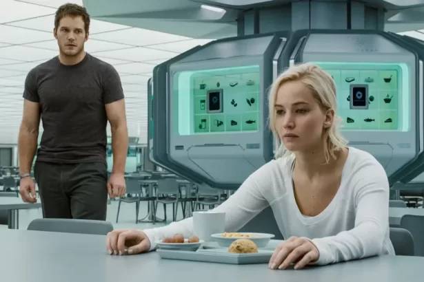 Jennifer Lawrence e Chris Pratt em trecho do filme Passageiros