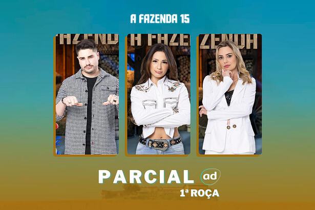 Lucas Souza, Nathalia Valente e Rachel Sheherazade na arte da enquete de parcial da 1ª roça em A Fazenda 15