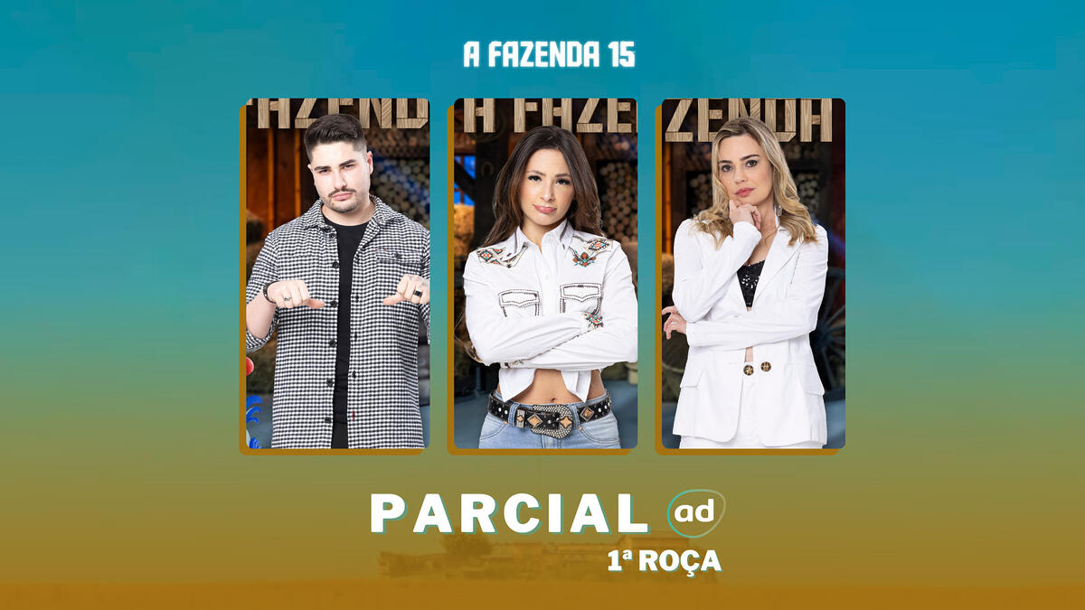 Lucas Souza, Nathalia Valente e Rachel Sheherazade na arte da enquete de parcial da 1ª roça em A Fazenda 15