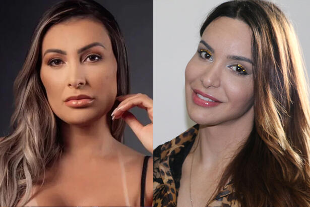 Andressa Urach com a mão esquerda próxima da queixo, com semblante sério, com tira de sutiã bronzeada; Viviany Bolebone sorrindo, com roupão animal print, com a cabeça pendendo pro lado direito