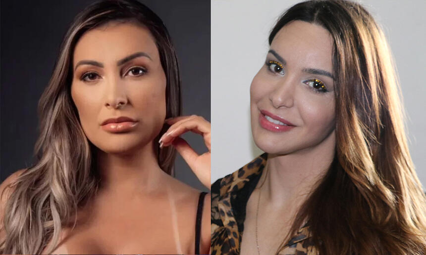 Andressa Urach com a mão esquerda próxima da queixo, com semblante sério, com tira de sutiã bronzeada; Viviany Bolebone sorrindo, com roupão animal print, com a cabeça pendendo pro lado direito