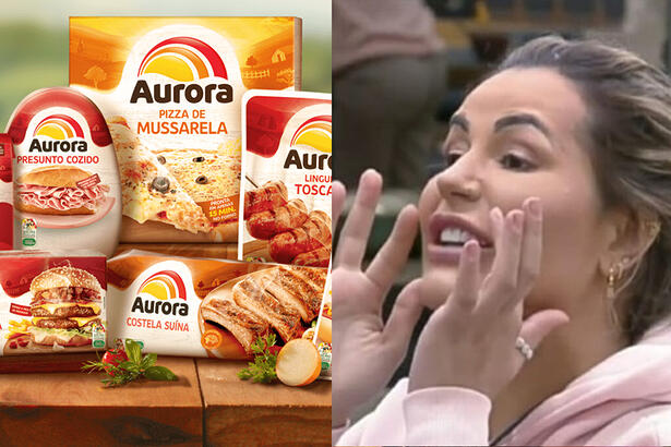 Arte publicitária da Aurora Alimentos; Imagem 2: Deolane Bezerra com as mãos na boca, gesticulando com raiva em A Fazenda