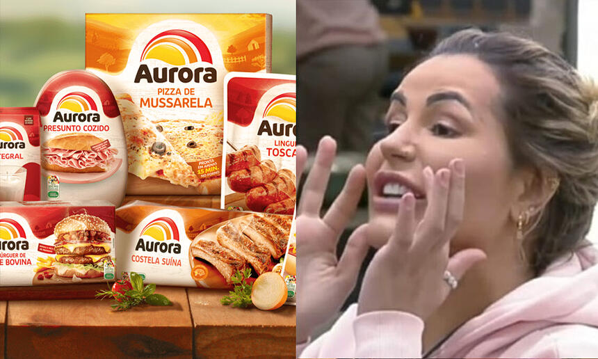 Arte publicitária da Aurora Alimentos; Imagem 2: Deolane Bezerra com as mãos na boca, gesticulando com raiva em A Fazenda