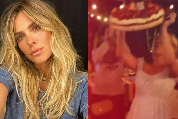 Carolina Dieckmann com cabelo loiro, solto, de camisa cinza, com semblante sério fazendo selfie; Carolina Dieckmann de vestido branco, segurando o bolo com as duas mãos pra cima durante festa de aniversário