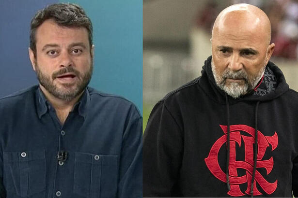 Eric Faria e Jorge Sampaoli em uma montagem