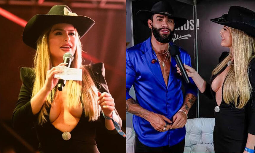 Fernanda Keulla de cabelo solto, chapéu de cowboy, vestido preto decotado, segurando um microfone; Imagem 2: Gusttavo Lima entrevistado por Fernanda Keulla