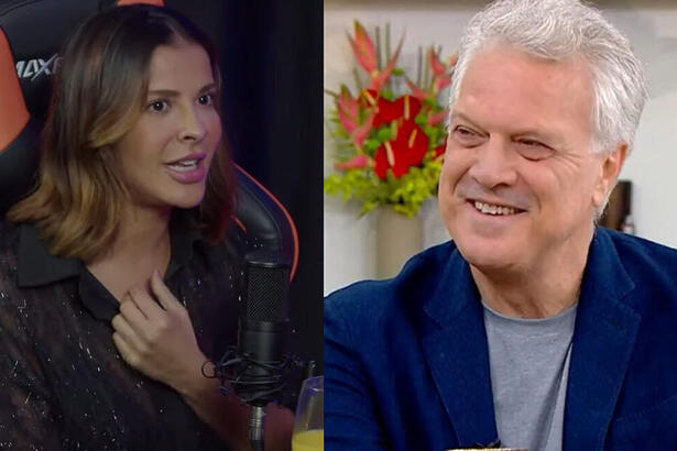 Gyselle Soares e Pedro Bial em uma montagem