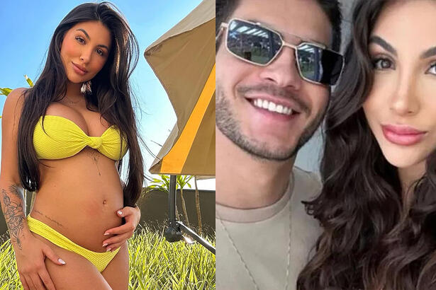 Jheny Santucci de biquini amarelo, segurando a barriga com a mão esqueda, cabelo solto, tomando banho de sol; Imagem 2: Arthur Aguiar, sorrindo, ao lado de Jhenny