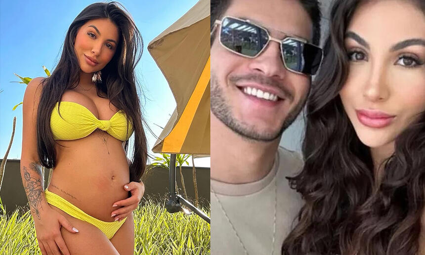 Jheny Santucci de biquini amarelo, segurando a barriga com a mão esqueda, cabelo solto, tomando banho de sol; Imagem 2: Arthur Aguiar, sorrindo, ao lado de Jhenny