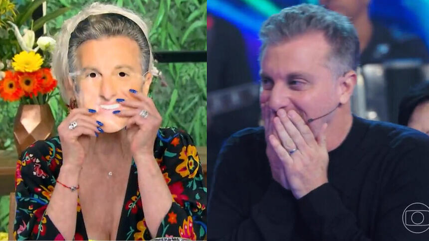 Ana Maria Braga com a máscara e Luciano Huck surpreso no Domingão