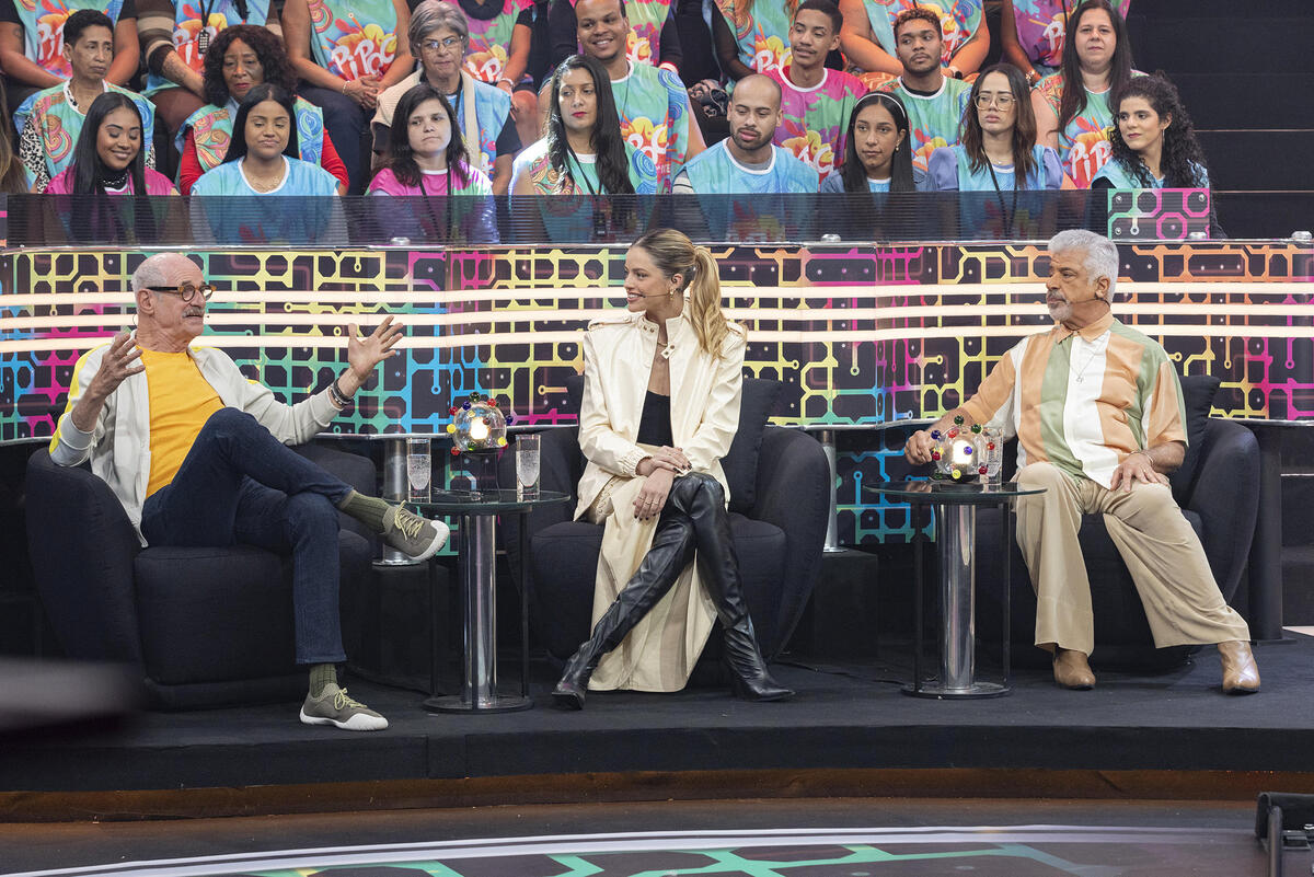 Lulu Santos, Agatha Moreira e Marcos Caruso no estúdio do Pipoca da Ivete