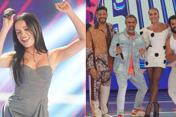 Montagem com duas fotos. Na primeira, Juliette dançando no Caldeirão. Na segunda, Paulo Lessa, Marcos Mion, Sabrina Sato e Amaury Lorenzo aparecem sorridentes no centro do palco