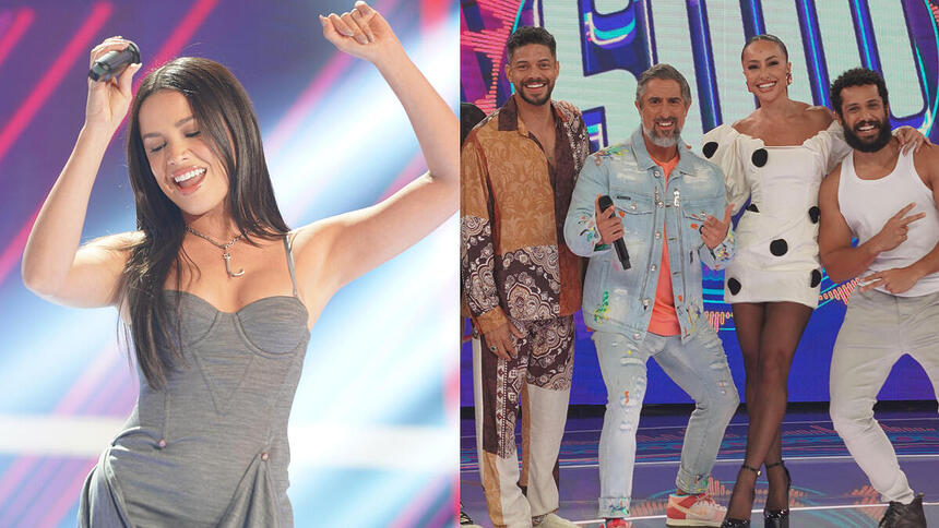 Montagem com duas fotos. Na primeira, Juliette dançando no Caldeirão. Na segunda, Paulo Lessa, Marcos Mion, Sabrina Sato e Amaury Lorenzo aparecem sorridentes no centro do palco