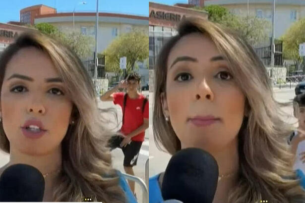 Amanda Campos fala ao vivo no Primeiro Impacto e é surpreendida por dois adolescentes em Madri