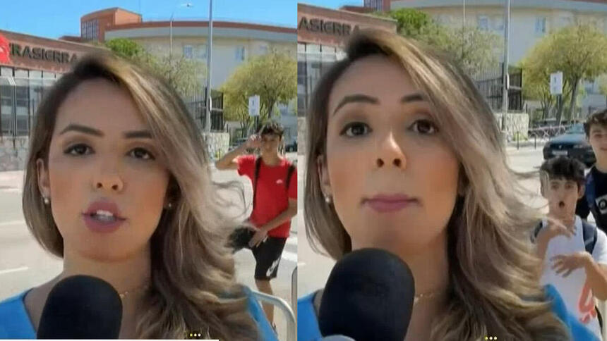 Amanda Campos fala ao vivo no Primeiro Impacto e é surpreendida por dois adolescentes em Madri