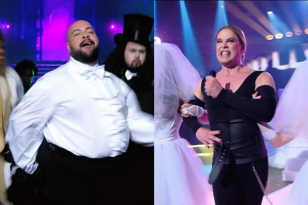 Tiago Abravanel de roupa branca e Carmo Dalla Vecchia de vestido na apresentação da Batalha do Lip Sync