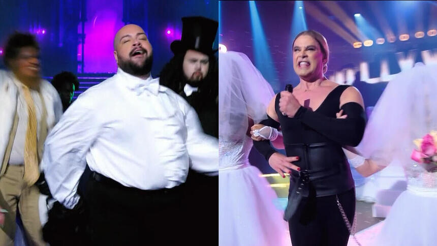 Tiago Abravanel de roupa branca e Carmo Dalla Vecchia de vestido na apresentação da Batalha do Lip Sync