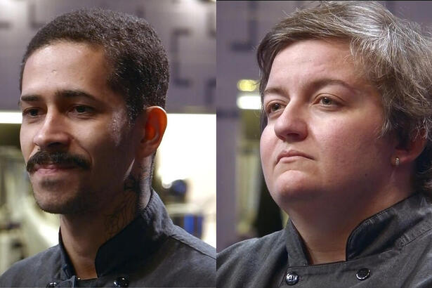 Edu e Jajá com semblantes tristes recebem a decisão dos jurados do Top Chef Brasil 4