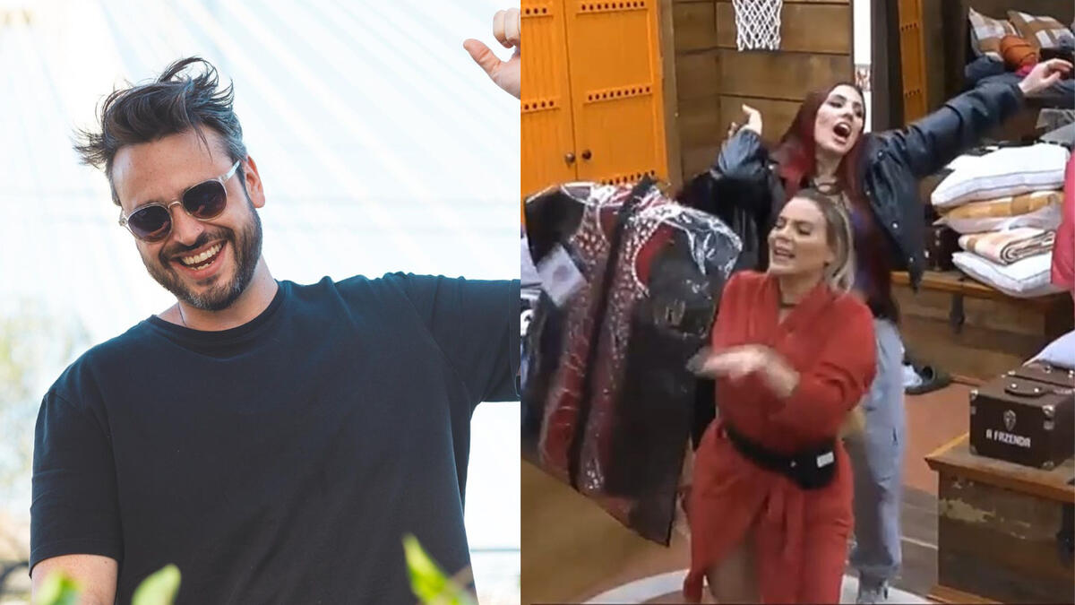 DJ Gudi tocando em uma festa e Kally, Alicia X e Jaquelline dançam segurando seus looks no quarto de A Fazenda 15