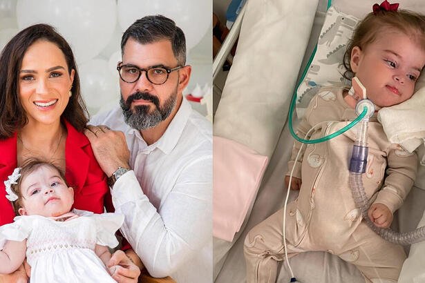 Montagem com duas fotos. Na primeira o casal Letícia E Juliano Cazarré seguram a filha Maria Guilhermina no colo. Na segunda foto, a pequena está na UTI sendo acompanhada pela mãe