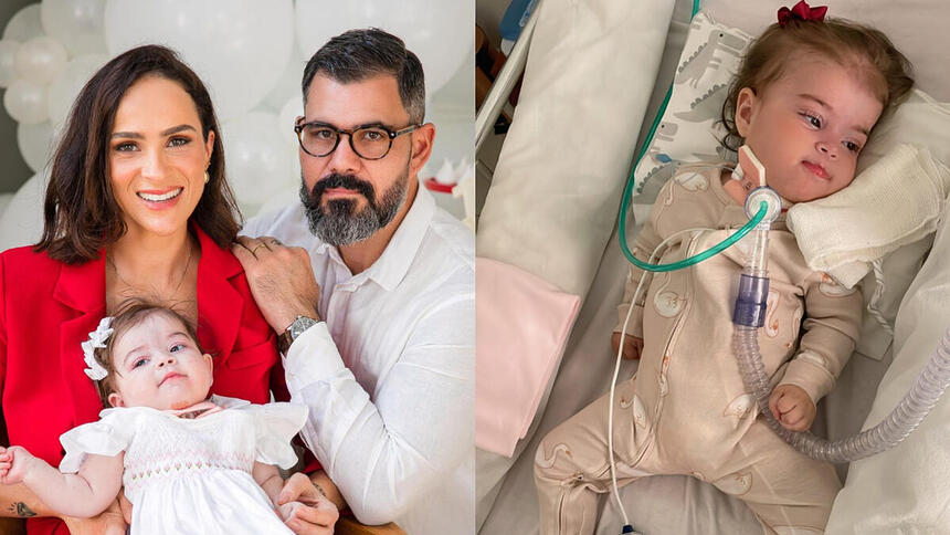 Montagem com duas fotos. Na primeira o casal Letícia E Juliano Cazarré seguram a filha Maria Guilhermina no colo. Na segunda foto, a pequena está na UTI sendo acompanhada pela mãe