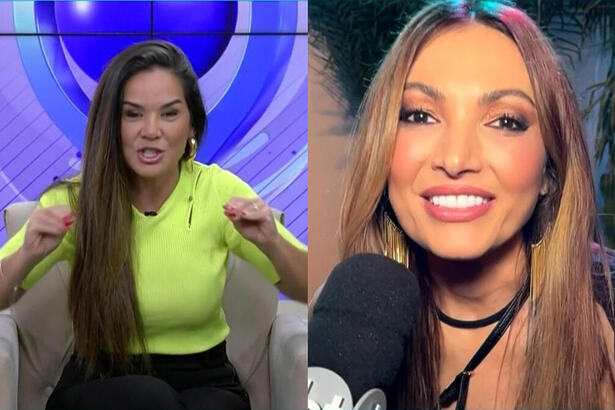 Montagem com Isabele Benito de blusa verde levantando a mão e Patrícia Poeta conversa com o Fofocalizando falando no microfone do SBT