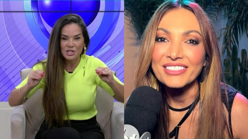 Montagem com Isabele Benito de blusa verde levantando a mão e Patrícia Poeta conversa com o Fofocalizando falando no microfone do SBT