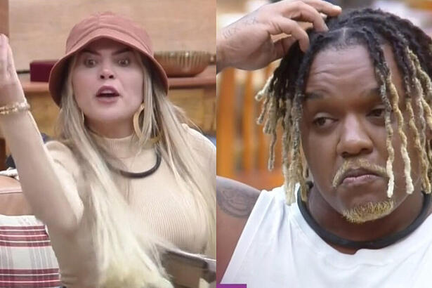 Kally levanta a mão e gesticula contra Laranjinha que escuta calado arrumando o cabelo