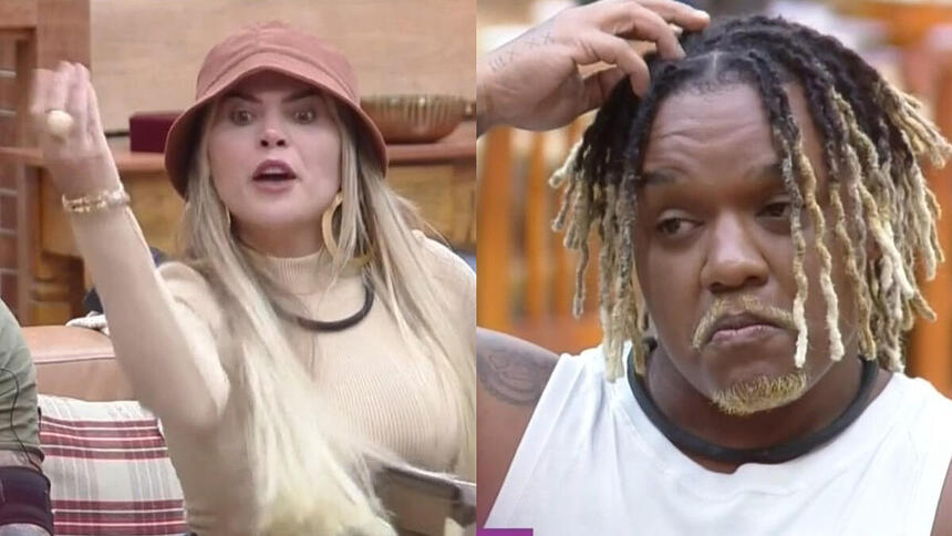 Kally levanta a mão e gesticula contra Laranjinha que escuta calado arrumando o cabelo