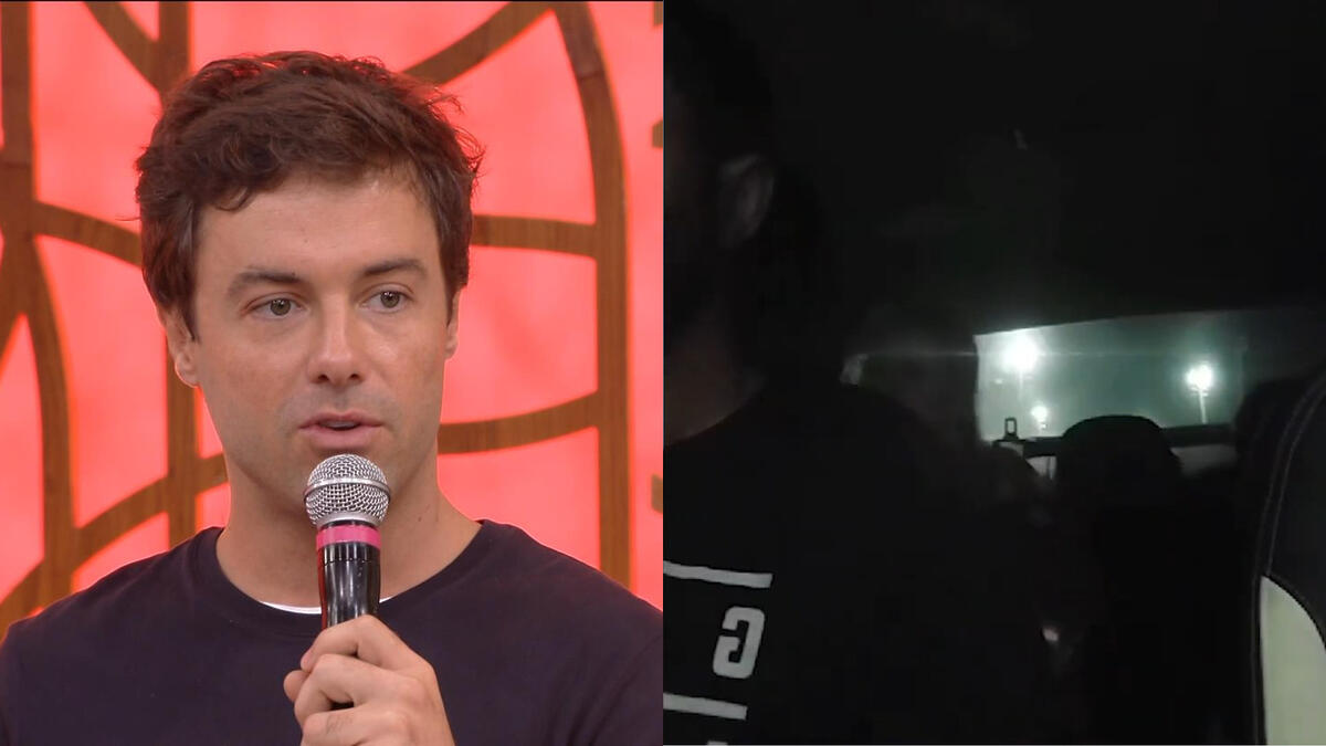 Montagem com duas imagens: Kayky Brito no Encontro. Na segunda imagem o motorista e passageira se desesperam dentro do carro após o acidente