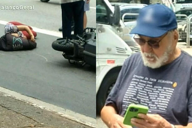 Montagem com duas imagens: A primeira, e a mulher na avenida esperando socorro, na segunda imagem, Lima Duarte mexe no telefone esperando socorro