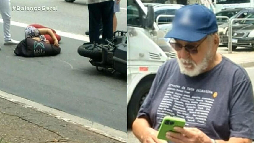 Montagem com duas imagens: A primeira, e a mulher na avenida esperando socorro, na segunda imagem, Lima Duarte mexe no telefone esperando socorro