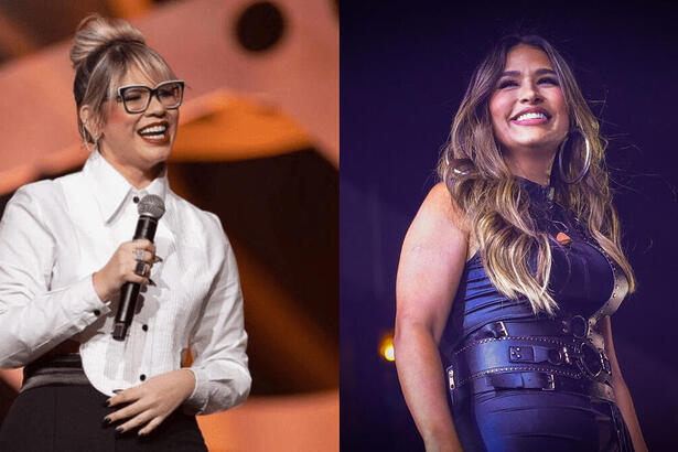 Montagem com duas imagens: na primeira, Marília Mendonça de blusa branca, aparece sorrindo. Na segunda imagem, Simone Mendes também está sorrindo e veste um conjunto azul