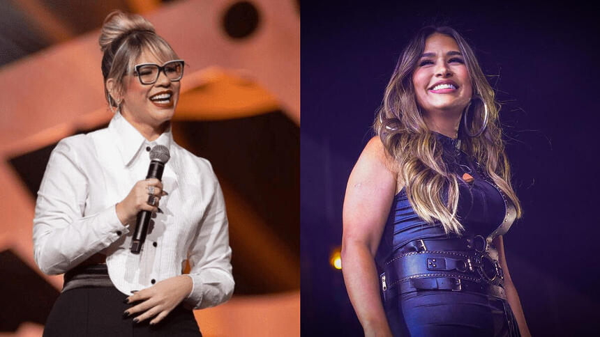 Montagem com duas imagens: na primeira, Marília Mendonça de blusa branca, aparece sorrindo. Na segunda imagem, Simone Mendes também está sorrindo e veste um conjunto azul