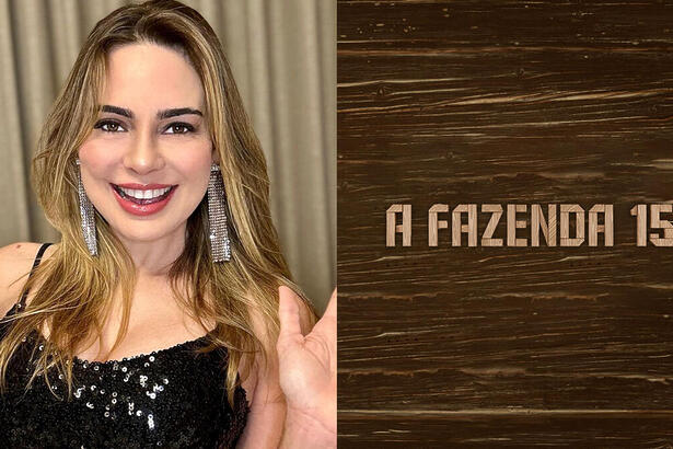 Montagem com Rachel Sheherazade sorrindo ao lado do logo de A Fazenda 15