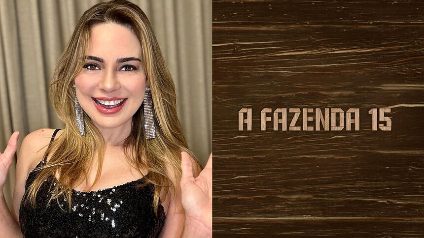 Montagem com Rachel Sheherazade sorrindo ao lado do logo de A Fazenda 15