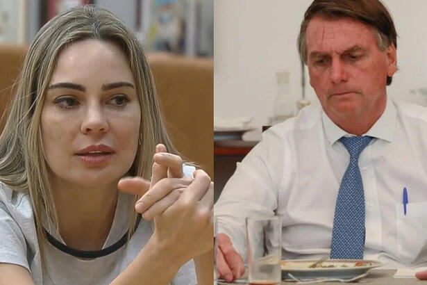 Montagem com Rachel Sheherazade na cozinha de A Fazenda e Bolsonaro com semblante triste