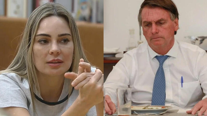 Montagem com Rachel Sheherazade na cozinha de A Fazenda e Bolsonaro com semblante triste