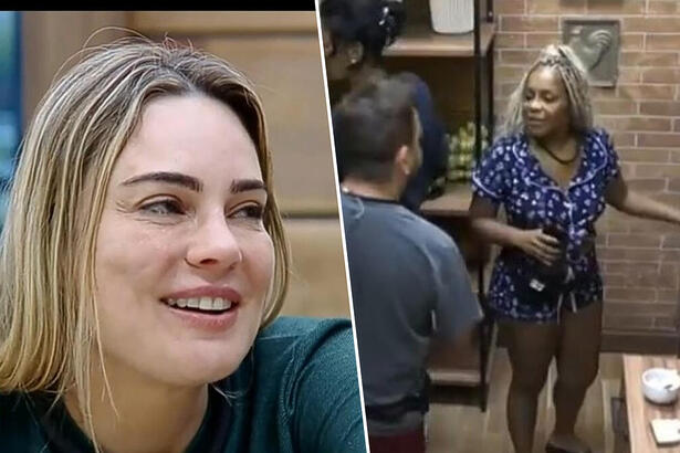 Montagem com Rachel Sheherazade sorrindo, enquanto na cozinha de A Fazenda Cairúcha, Sander e Marcia Fu falam da jornalista