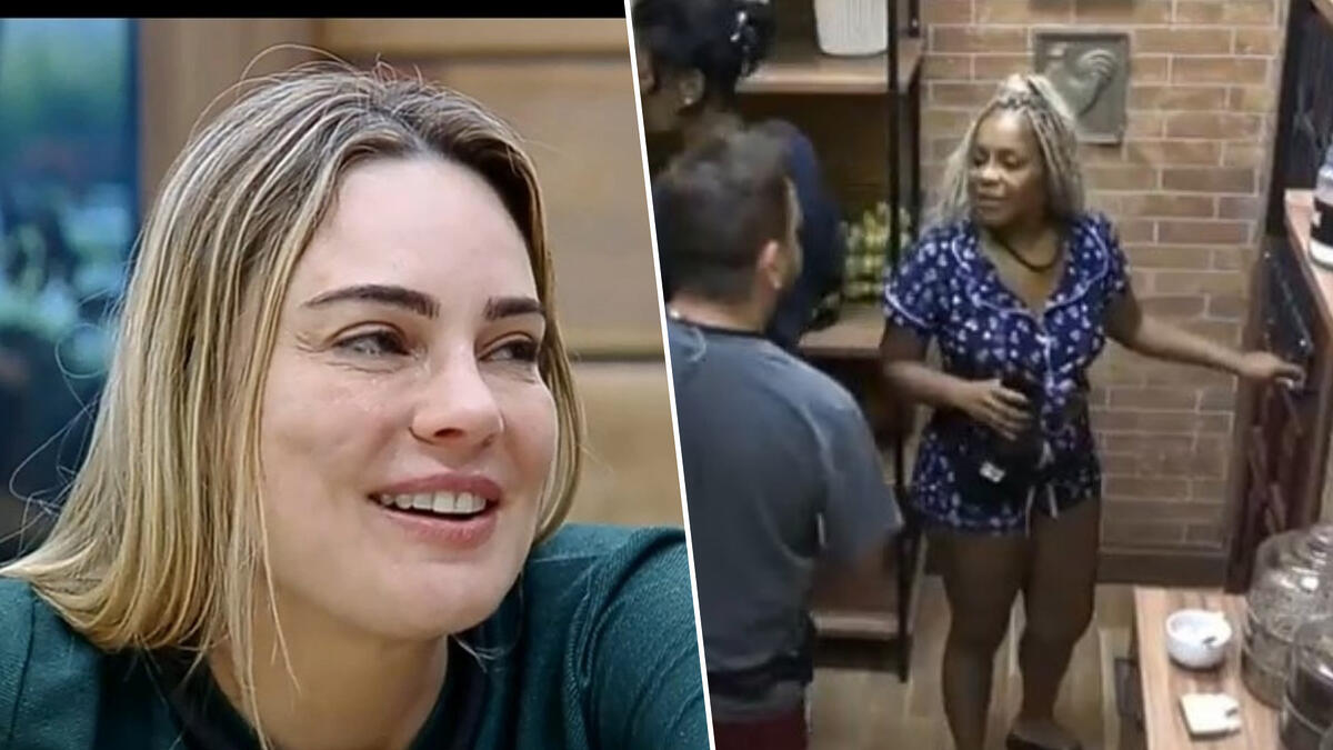 Montagem com Rachel Sheherazade sorrindo, enquanto na cozinha de A Fazenda Cairúcha, Sander e Marcia Fu falam da jornalista